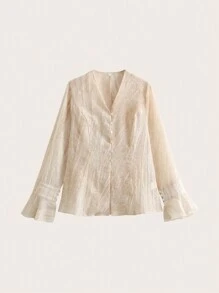 Textured Tie Dye Fabric Flare Sleeve V-Neck Top - Apricot - View 2