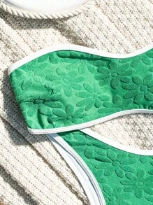 SHEIN Swim 女士假日花卉與深色條紋無肩帶性感比基尼套裝 - 綠色 - 查看 3