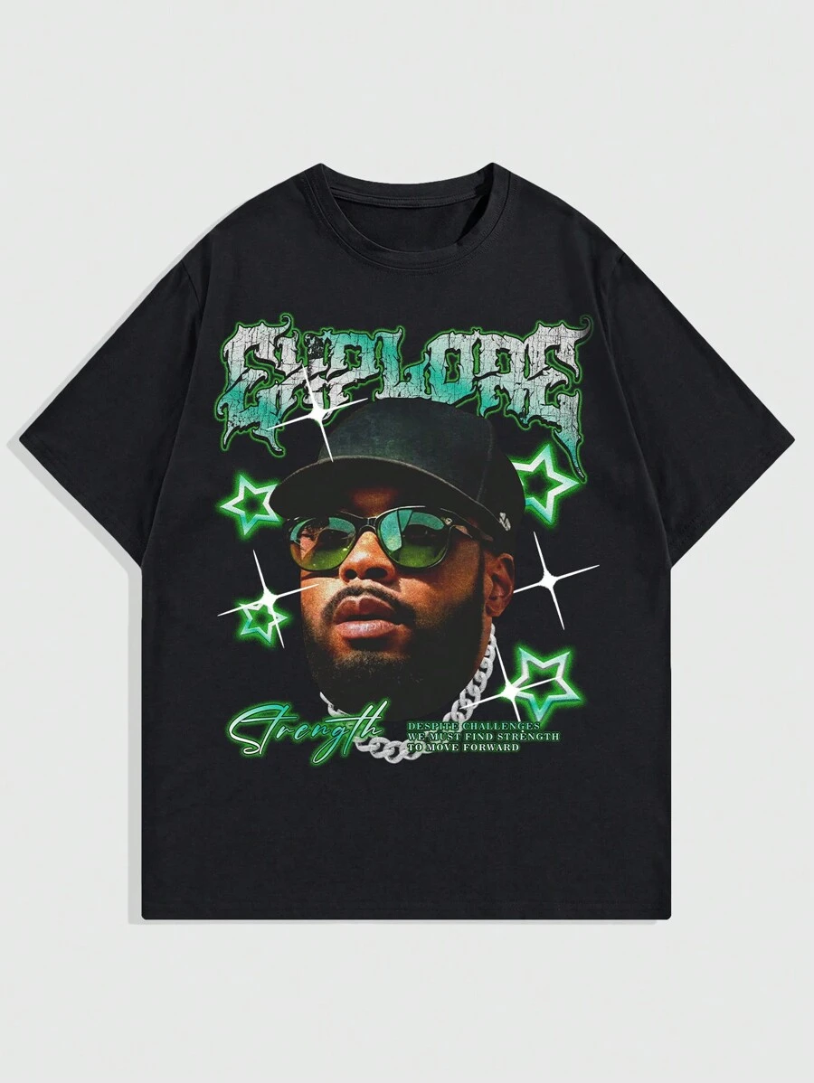 ROMWE MEN Street Life 男士印花短袖圆领T恤，适合春夏季日常穿着，上学 - 黑色 - 查看 1