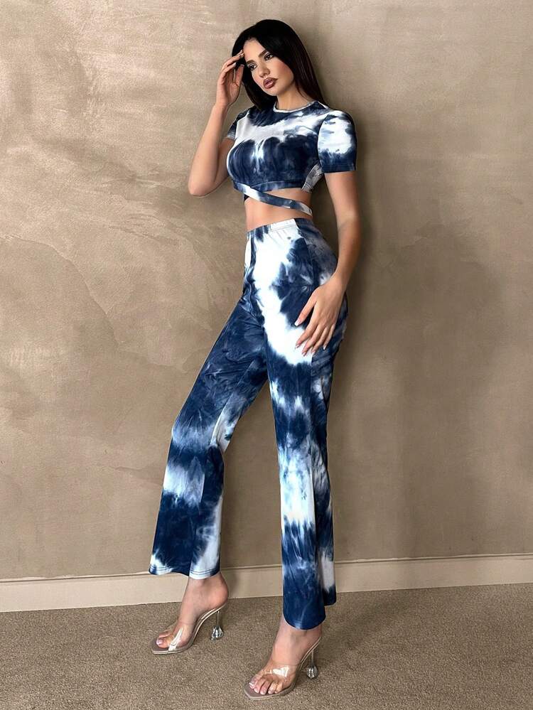 Women's Fashionable Tie-Dye Printed Short Sleeve Top And Long Pants Set