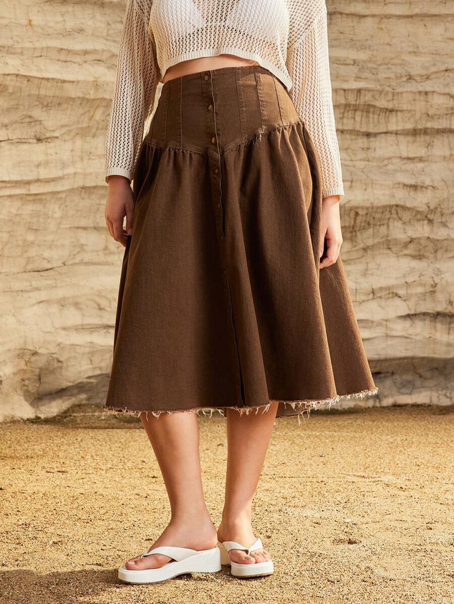 Forever 21 Summer Western Style Plus Size Women's Casual Single-Breasted Skirt For Vacation - Coffee Brown - View 1