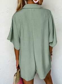 Astylish 纯色宽松短裤连体裤，带纽扣和口袋，夏季女装休闲优雅款 - 綠色 - 查看 2