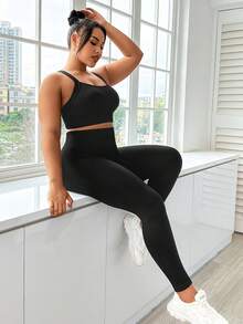 Gameset SHEIN Sport 大碼夏季純色高彈力運動裝 - 黑色 - 查看 9