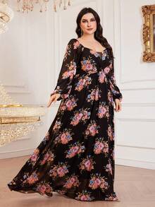 Plus Size Floral Print Lantern Sleeve Dress, Suitable For Vacation - Black - View 6