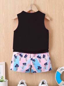 SHEIN Young Boy Coconut Tree Pattern Digital Print Tank Top And Shorts Set, Summer - Black - View 2