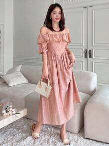 DAZY Robe d'été à manches volantées de couleur unie à la mode pour femmes, robe longue d'automne - Rose bonbon - Voir 2