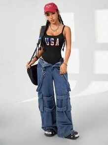 SHEIN EZwear 女性時尚修身美國國旗印花吊帶連體衣