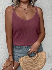 SHEIN LUNE 大碼夏季純色圓環裝飾休閒背心上衣 - 酒紅色 - 查看 3