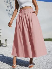 SHEIN Essnce 夏季女士服装休闲 A 字形亚麻中长裙，适合夏季海滩高腰宽松 - 粉色 - 查看 3