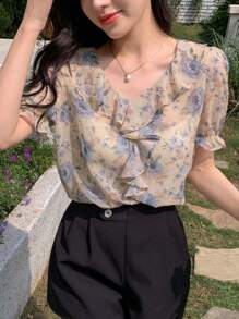 Dazy Designer 女士优雅短袖衬衫，蘑菇蕾丝边，泡泡袖，花卉图案，夏季，荷叶边，返校服