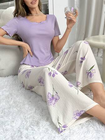 CottageSlumber Solid Color Short-Sleeve T-Shirt And Printed Pants Pajama Set Bridallingerie