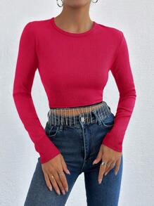 EURMUSE Fringe Hem Crop Tee - Hot Pink - View 4