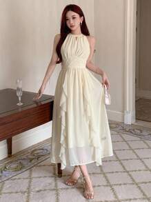 DAZY Vestido de verano de línea A con cuello halter y volantes de unicolor, ideal para cumpleaños, Año Nuevo y bailes de graduación