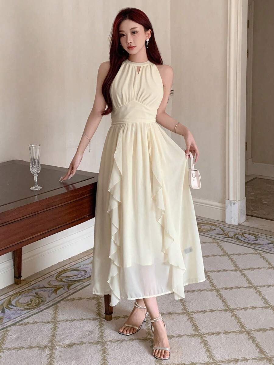 DAZY Vestido de verano de línea A con cuello halter y volantes de unicolor, ideal para cumpleaños, Año Nuevo y bailes de graduación