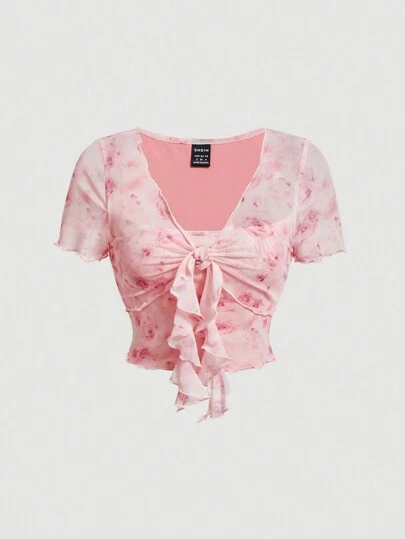 SHEIN MOD Plus Size Pink Romantic Floral Print T-Shirt With Ruffle Trimmed Decorative Straps And Front Twisted Knot For Summer, Going Out Tops, Plus Tops, Tops