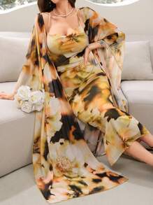 Modelyn Ladies' Random Printed Shawl Coat Dress Two-Piece Suit 2 Pieces Set - Gold - View 5