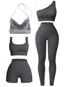 SHEIN Sport Studio Conjunto deportivo informal para mujer de diseño sólido y ajuste slim para entrenamiento