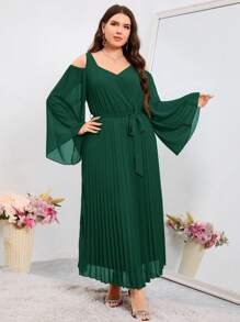 Modelyn 大码女式时尚纯色长款褶皱露肩连衣裙长款晚礼服 - 墨綠色 - 查看 4