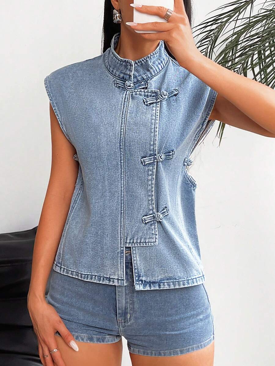 SHEIN EZwear Women's Stylish Sleeveless Denim Jacket - Blue - View 1