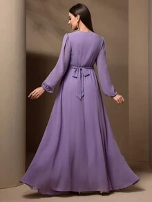 Women's Summer Long Sleeve Draped Ruffle Dress With Rhinestone Decor, Elegant Party Dress - Blue - View 2