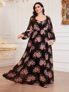 Plus Size Floral Print Lantern Sleeve Dress, Suitable For Vacation - Black - View 2