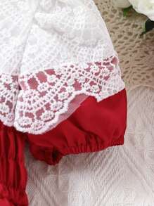 Vestido de manga corta para fiesta de verano con parche de encaje elegante y de moda para niña joven - Rojo - Ver 3