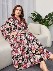 Al Najma 加大码优雅阿拉伯花卉印花长袖端庄连衣裙，卡夫坦 - 彩色 - 查看 6