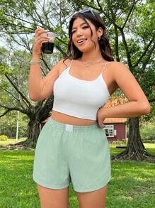 SHEIN CovetEZ 大尺碼藍白條紋度假風格休閒短褲 - 綠色 - 查看 4