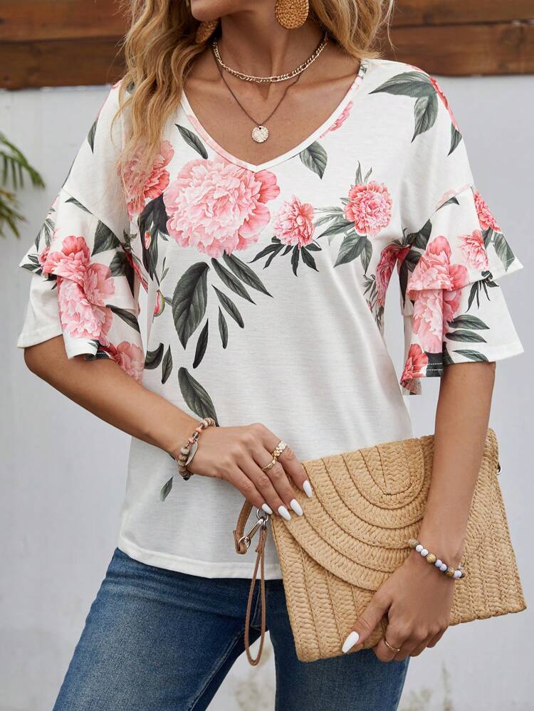 Floral Print V-Neck Ruffle Sleeve Women's Casual Summer T-Shirt
