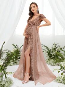 Pregnant Women Off-Shoulder Contrast Color Mesh Sequin Elegant Party Dress - Khaki - View 6
