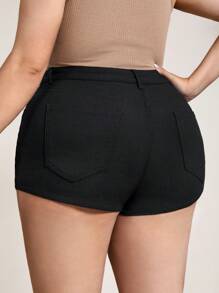 SHEIN CURVE+ Shorts Sensuais de Verão em Cor Sólida com Elástico e Caimento Justo em Denim para Tamanhos Grandes - Preto - Ver 2