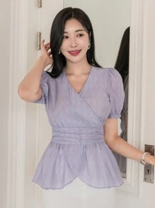DAZY 女士純色V領短袖襯衫 - 紫色 - 查看 6