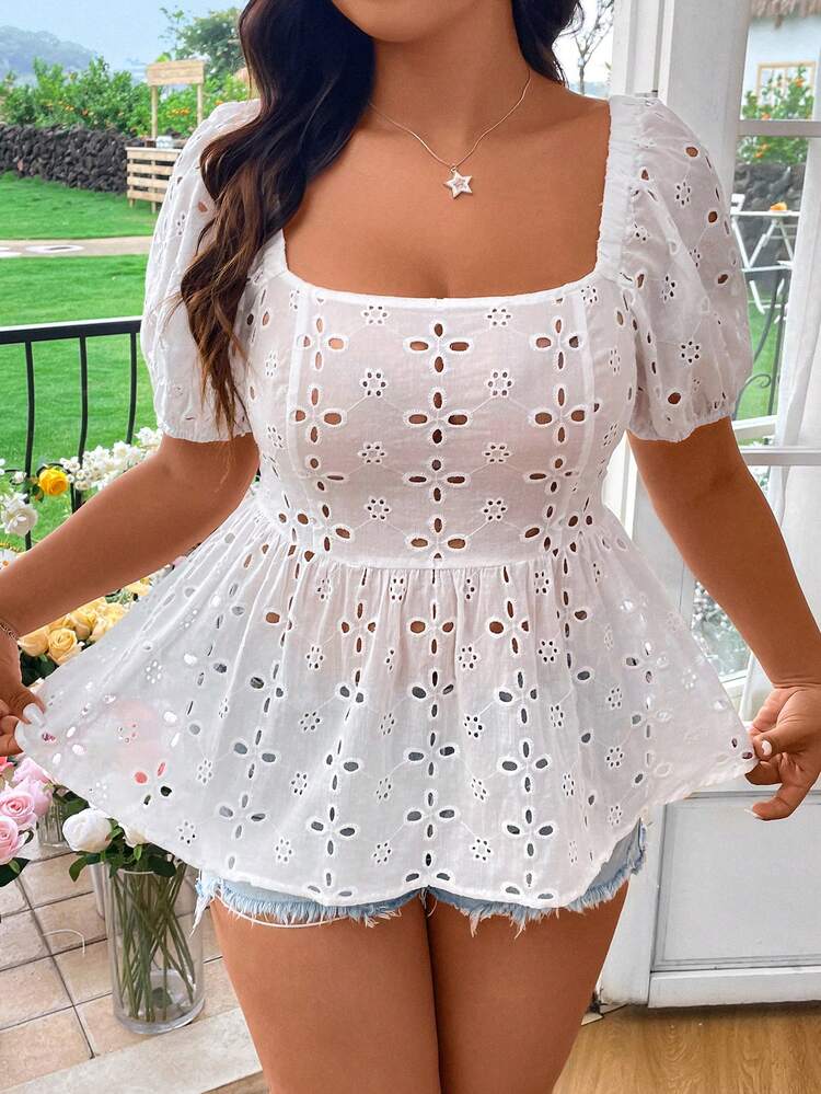 Plus Size Women, Square Neck, Casual, Embroidered, Short Sleeve, Summer Shirt