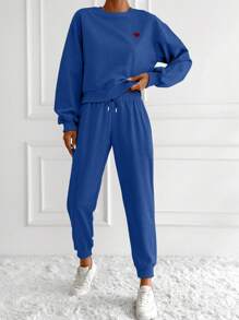 EURMUSE Women's Heart Shaped Pattern Drop Shoulder Sweatshirt And Jogger Pants Set - Blue - View 3