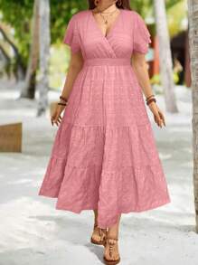 Breezaya 大尺碼純色網格腰帶長款海灘洋裝，適用於度假 - 粉色 - 查看 3