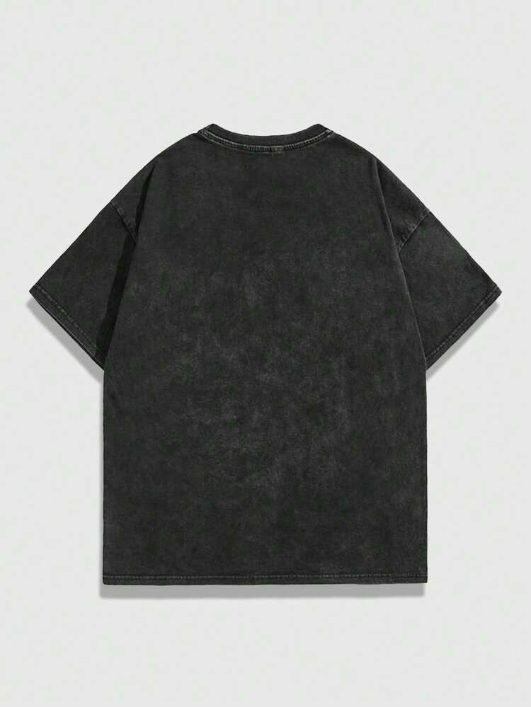 ROMWE MEN Grunge Punk 男士模糊肖像印花水洗 T 恤，高街复古款 - 黑色 - 查看 2