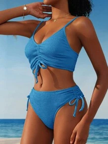 SHEIN Swim Women's Solid Color Front & Mid Drawstring Sexy Bikini Set For Beach Vacation,Summer Beach - Royal Blue - View 3
