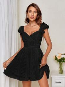 SHEIN Privé Wedding Dress Double Layer Ruffle Sleeve Ladies' Dress - Black - View 5