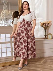 Modelyn Plus Size Women's Elegant Puff Sleeve Printed Summer Dress