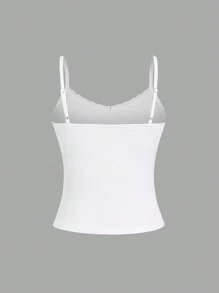 Sweetra Solid Color Lace Patchwork Ribbed Knit Camisole, Summer Casual Tank Top