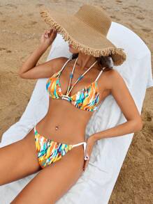 SHEIN Swim Conjunto de bikini sexy de cuello de halter con efecto tie-dye para mujeres, ideal para vacaciones, playa y verano