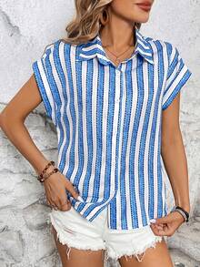 SHEIN LUNE Women's Striped Print Drop Shoulder Short Sleeve Shirt - Blue and White - View 5