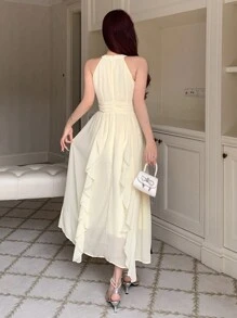 DAZY Vestido de verano de línea A con cuello halter y volantes de unicolor, ideal para cumpleaños, Año Nuevo y bailes de graduación