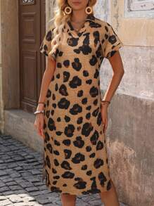SHEIN LUNE Women's Summer Leopard Print Short Puff Sleeve Casual Long Dress