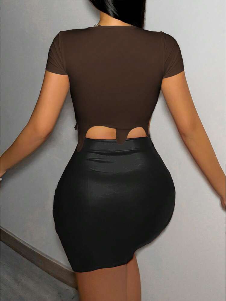 Women's Summer Solid Color Crop Sleeve Slim Fit Crop Top With Chain Link And Asymmetrical Hem