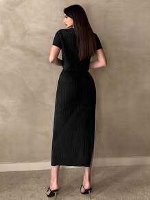 SHEIN Essnce Two Pieces Skirt Set Summer Black Ribbed Knit Casual Home 2-Piece Set - Black - View 4