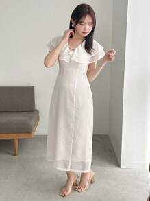 FRIFUL Women's Summer Elegant Solid Color Mid-Calf Length Dress With V-Neckline,Ruffle Maxi Dress - Beige - View 2