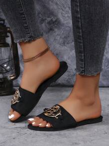 Women's Black Flat Sandals With Floral Open Toe And Slip-Resistant Sole, Suitable For Outdoor And Indoor Use