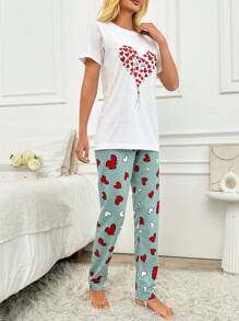 RueChic 2 pièces/Ensemble pyjama pour femmes avec haut imprimé cœur et bas de pyjama imprimés de cœur contrastants