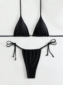 Sweetra Bộ Bikini Băng Thông Màu Trơn Dành Cho Nữ, Bộ Bikini Gợi Cảm Cho Kỳ Nghỉ, Bãi Biển Mùa Hè - màu đen - Xem 4